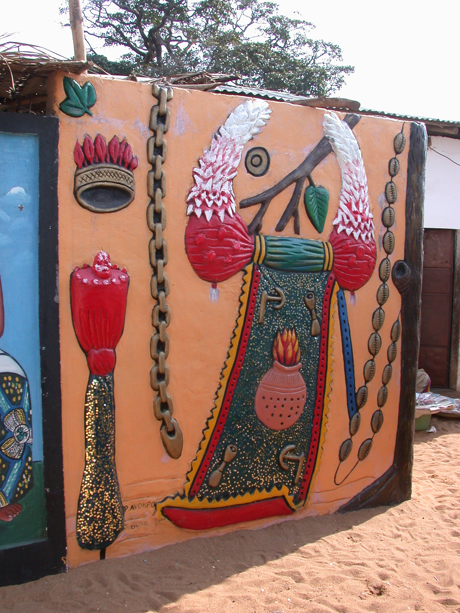 Painted Bas Relief of Vodun Ceremonial Elements, Daagbo Hounon Dodo Palace, Ouidah, Benin