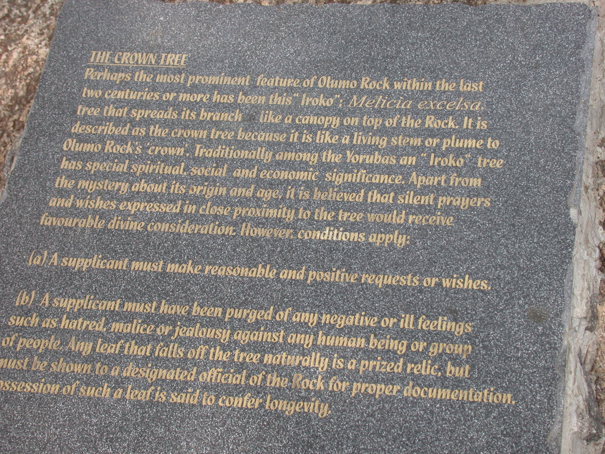 Sign for Iroko Crown Tree on Summit, Olumo Rock, Abeokuta, Nigeria