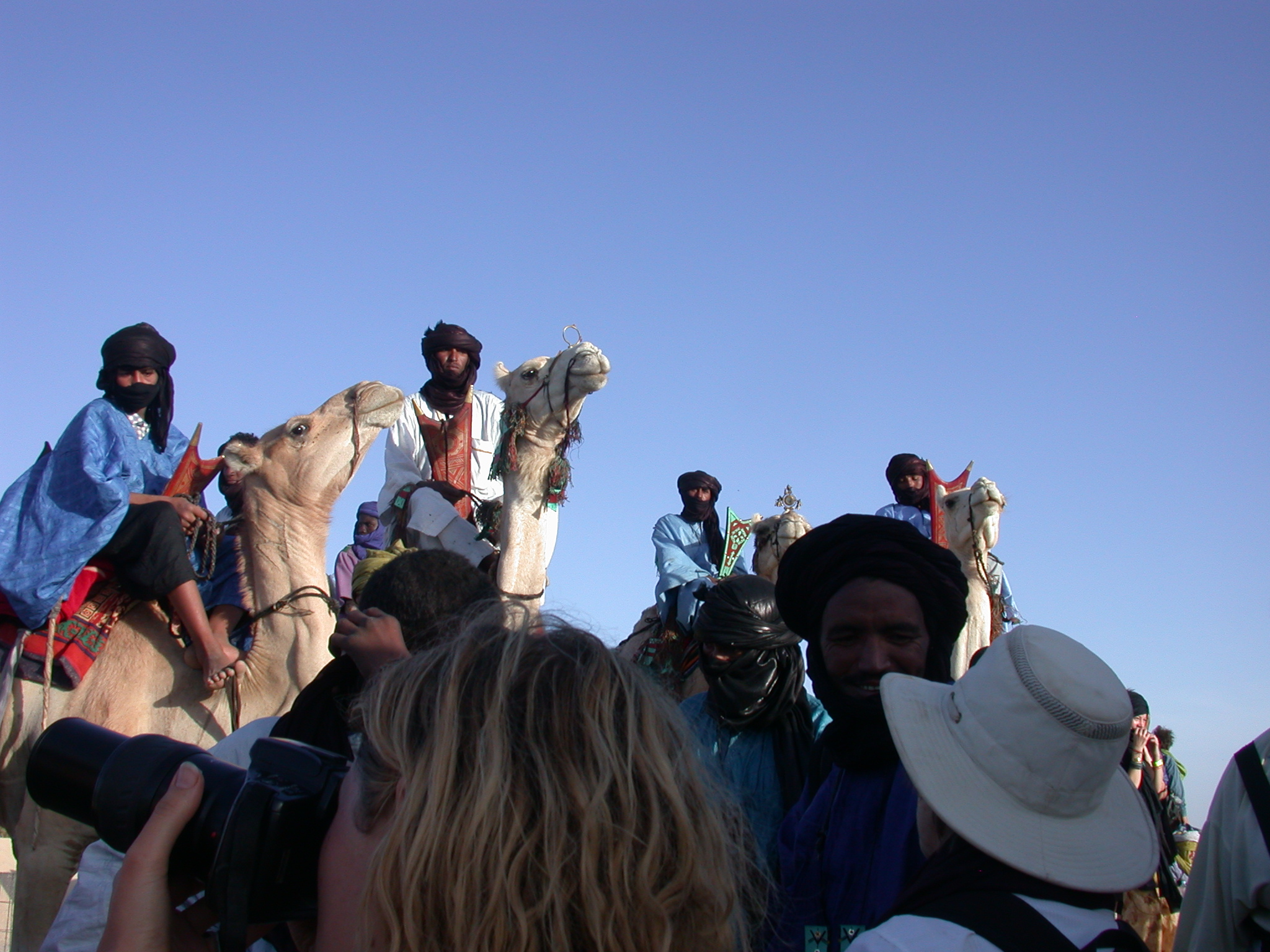 Veiled Tuareg Camel Riders Preparing for Camel Race, Festival in the Desert, Essakane, Mali